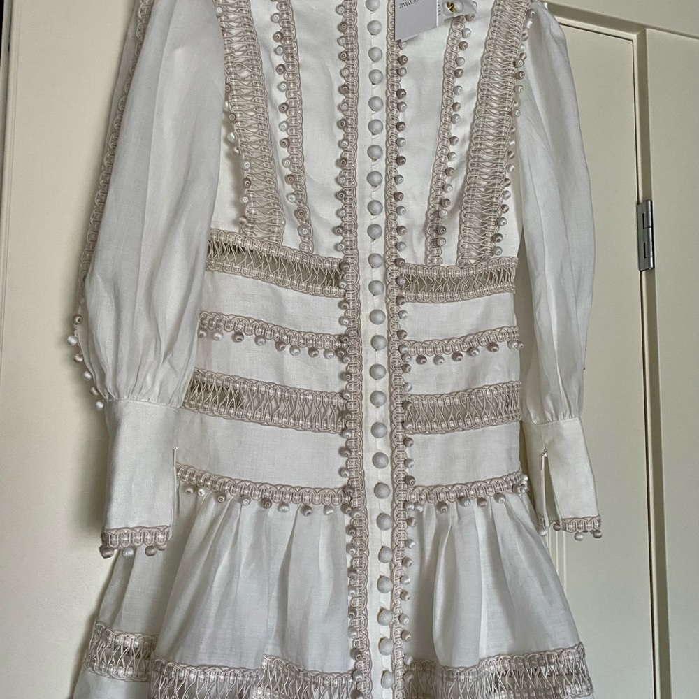 NWT Zimmermann Embroidered Button-Detailed Off White Ramie Mini Dress Size 1 AU - Picture 11 of 16